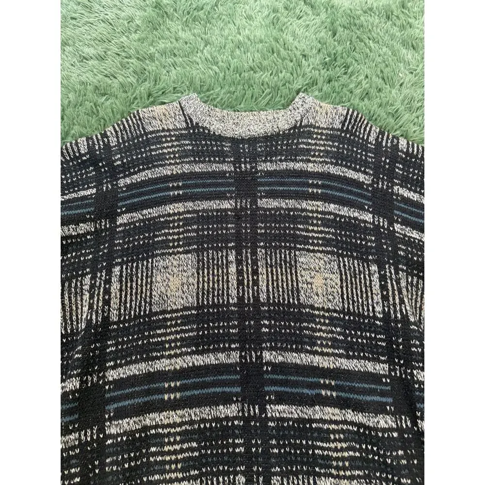 David Taylor VTG Men's Large Plaid Acrylic Knit Sweater Black White Blue Crew